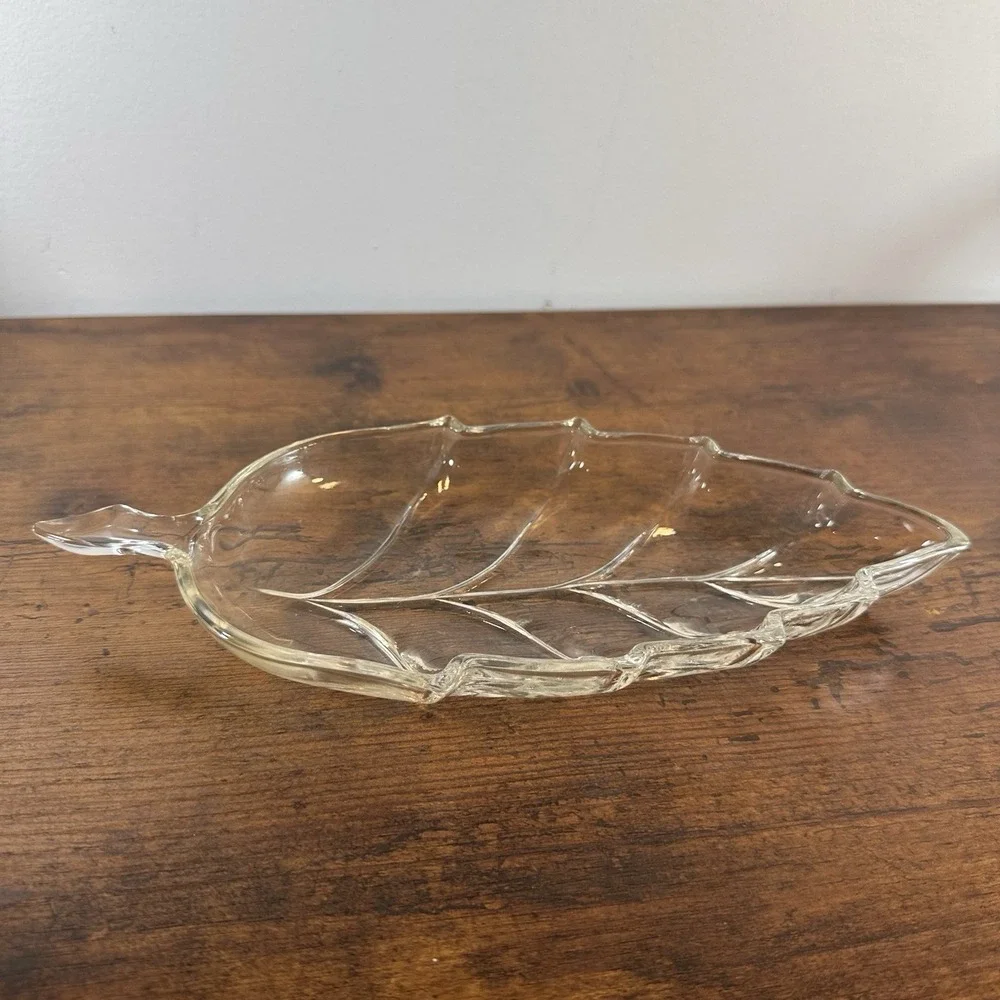 Vintage Clear Glass Leaf Shaped Relish Tray Nut Trinket Dish 9.75